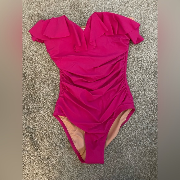 J Crew pink one piece strapless ruffle swimsuit NWT size 6 - Picture 2 of 3